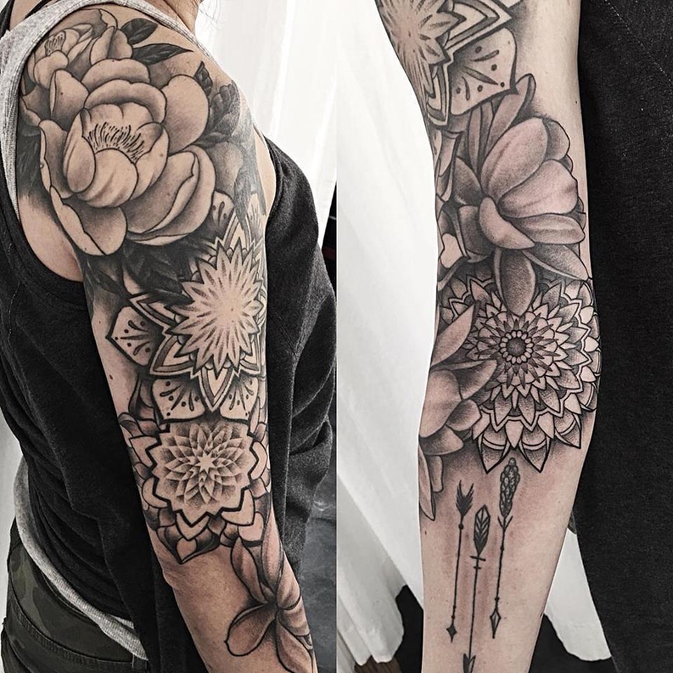 Peony Flower and Mandala Shoulder and Arm partial Sleeve black and grey tattoo created at Sacred Mandala Studio in Durham, NC by tattoo artist Alan Lott.